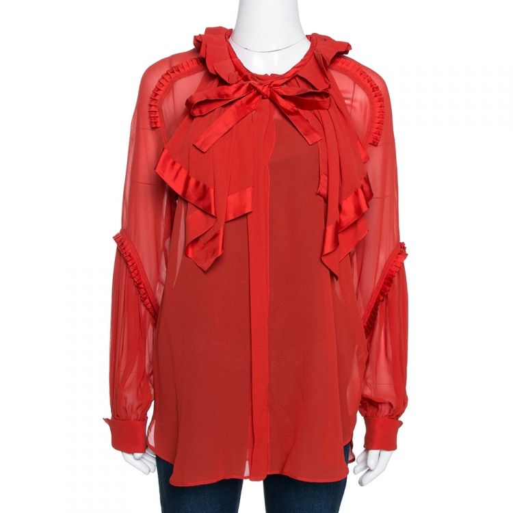 Pre Owned Roberto Cavalli Red Silk Draped Detail Ruffled Sheer Blouse L