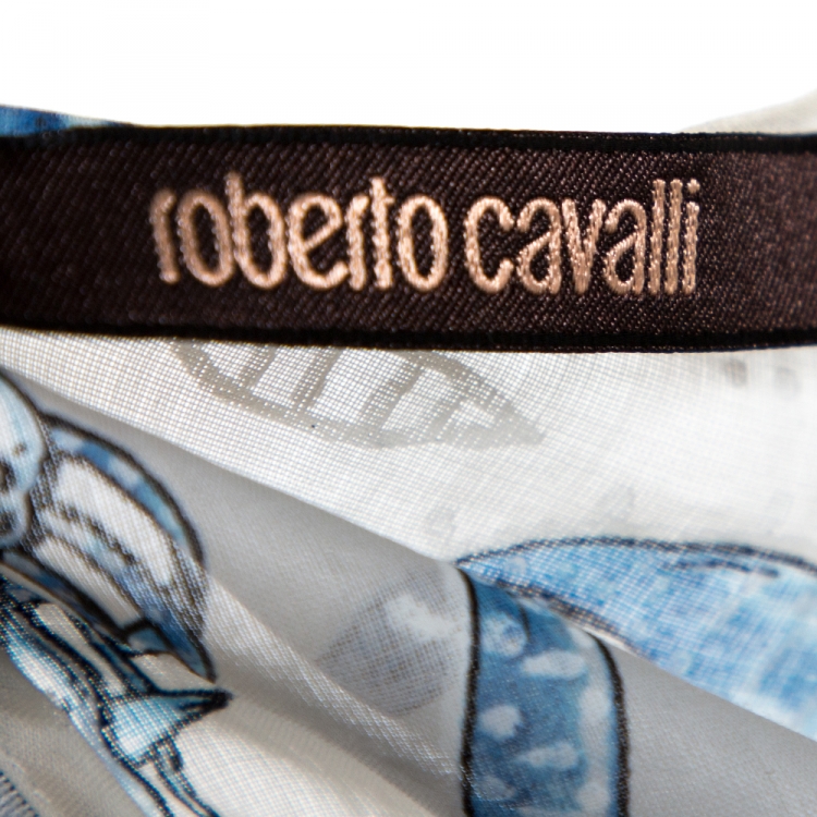 Pre Owned Roberto Cavalli Blue Printed Cotton Gathered Maxi Dress L