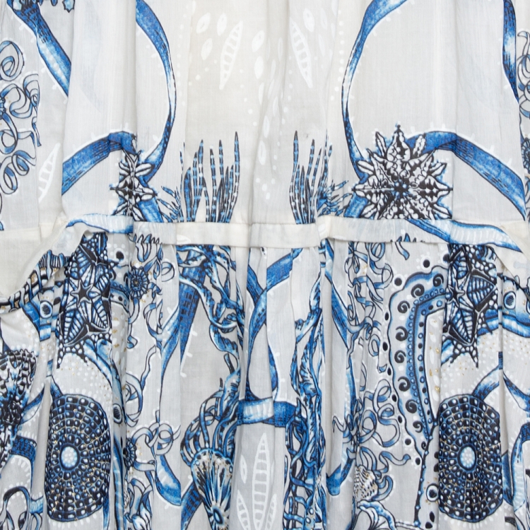 Pre Owned Roberto Cavalli Blue Printed Cotton Gathered Maxi Dress L