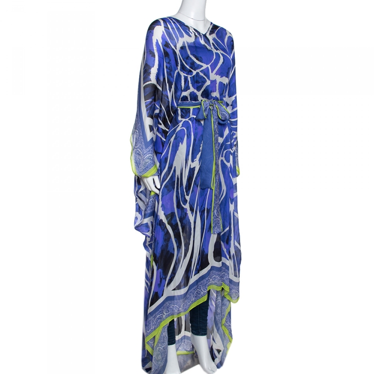 Pre Owned Roberto Cavalli Purple Printed Silk Belted Maxi Kaftan M