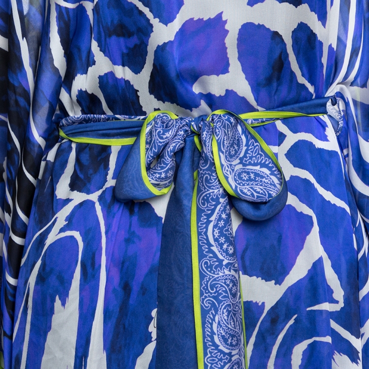 Pre Owned Roberto Cavalli Purple Printed Silk Belted Maxi Kaftan M