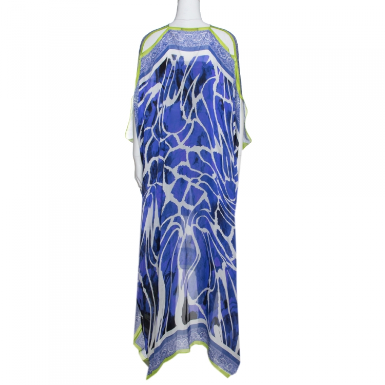 Pre Owned Roberto Cavalli Purple Printed Silk Belted Maxi Kaftan M