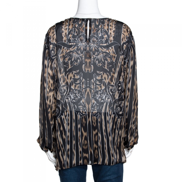 Pre Owned Roberto Cavalli Black Striped Animal Print Silk Sheer Blouse L