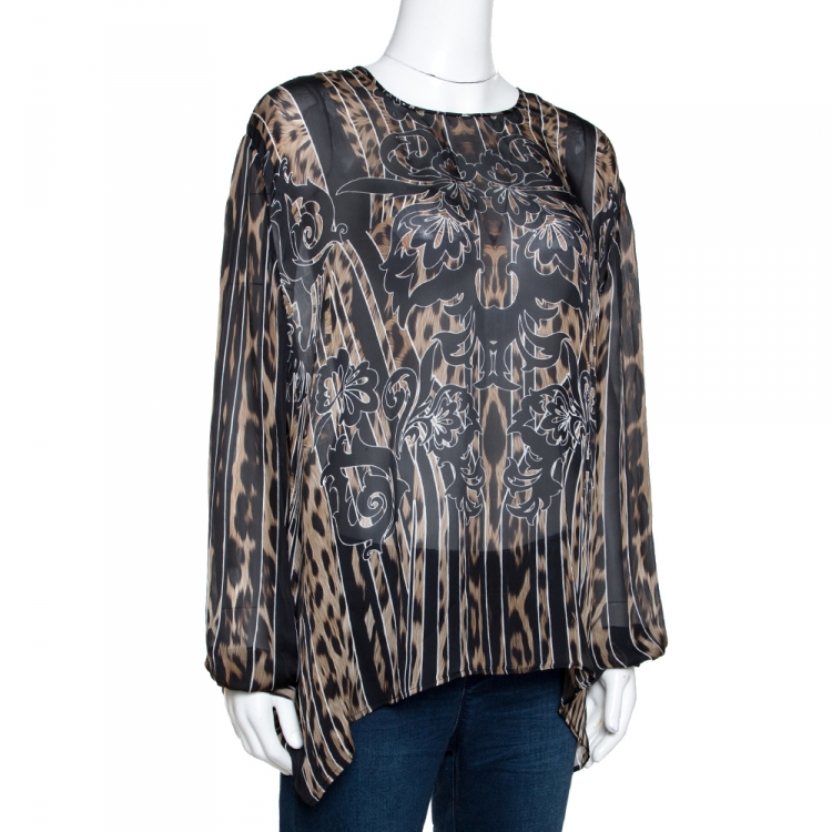Pre Owned Roberto Cavalli Black Striped Animal Print Silk Sheer Blouse L