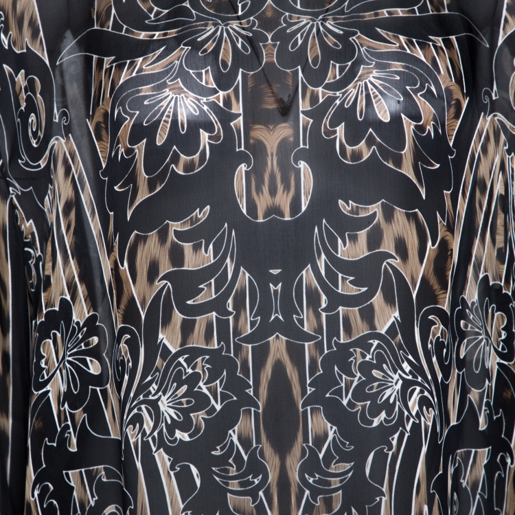 Pre Owned Roberto Cavalli Black Striped Animal Print Silk Sheer Blouse L