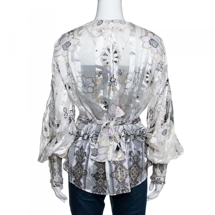Pre Owned Roberto Cavalli White Floral Printed Silk Plunge Neck Blouse M