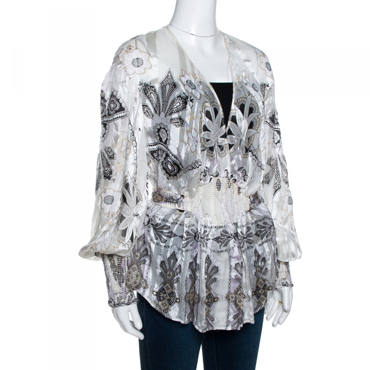 Pre Owned Roberto Cavalli White Floral Printed Silk Plunge Neck Blouse M
