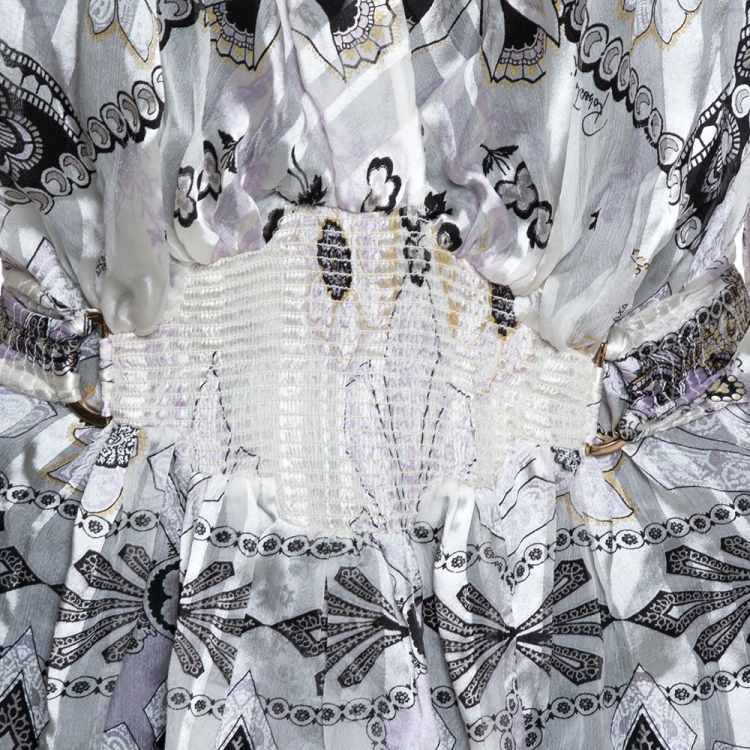 Pre Owned Roberto Cavalli White Floral Printed Silk Plunge Neck Blouse M