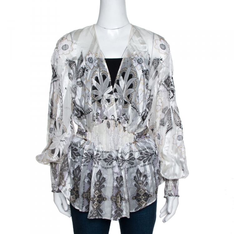 Pre Owned Roberto Cavalli White Floral Printed Silk Plunge Neck Blouse M