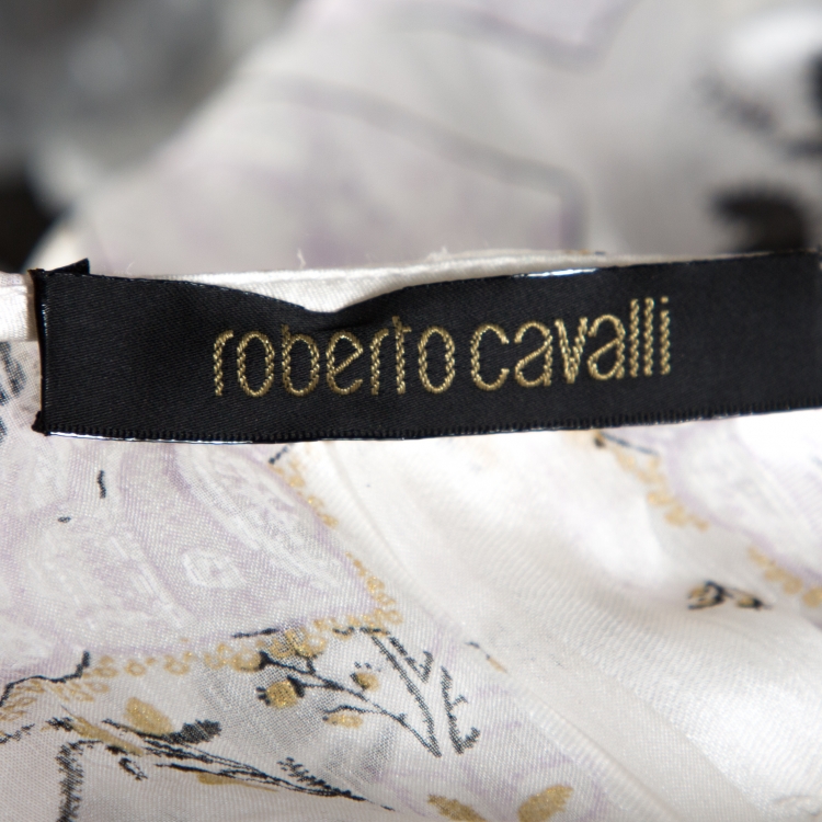 Pre Owned Roberto Cavalli White Floral Printed Silk Plunge Neck Blouse M
