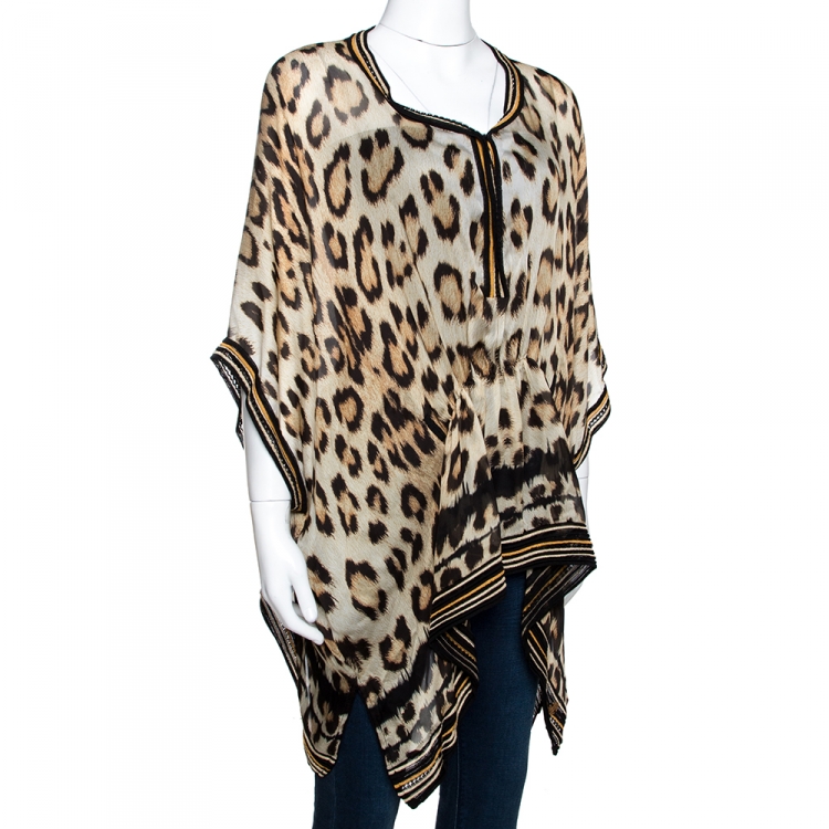 Pre Owned Roberto Cavalli Beige Leopard Printed Silk & Knit Trim Kaftan Top M