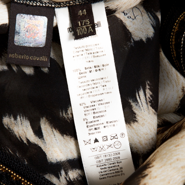 Pre Owned Roberto Cavalli Beige Leopard Printed Silk & Knit Trim Kaftan Top M