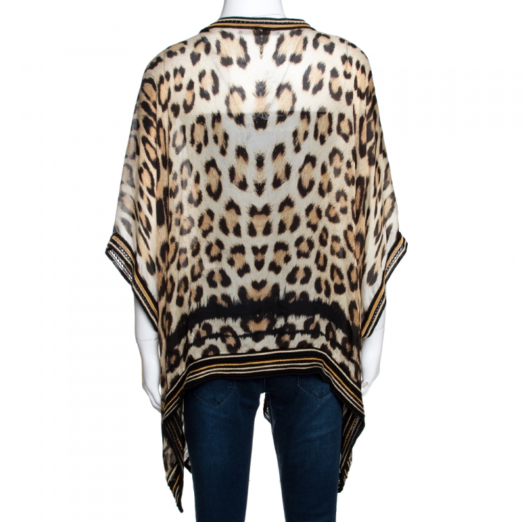 Pre Owned Roberto Cavalli Beige Leopard Printed Silk & Knit Trim Kaftan Top M