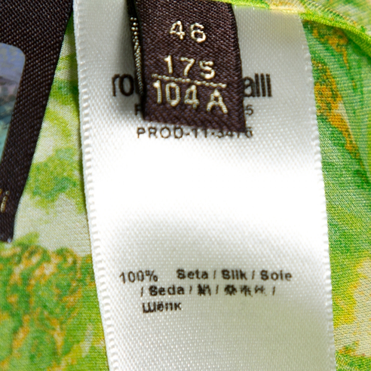 Pre Owned Roberto Cavalli Lemon Green Floral Printed Silk Ruffled Maxi Dress L 