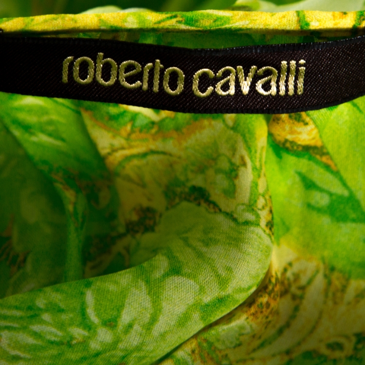 Pre Owned Roberto Cavalli Lemon Green Floral Printed Silk Ruffled Maxi Dress L 