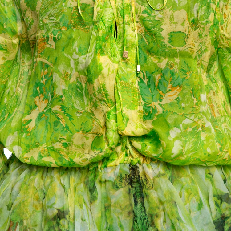 Pre Owned Roberto Cavalli Lemon Green Floral Printed Silk Ruffled Maxi Dress L 