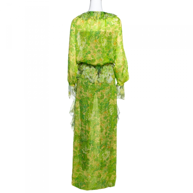Pre Owned Roberto Cavalli Lemon Green Floral Printed Silk Ruffled Maxi Dress L 