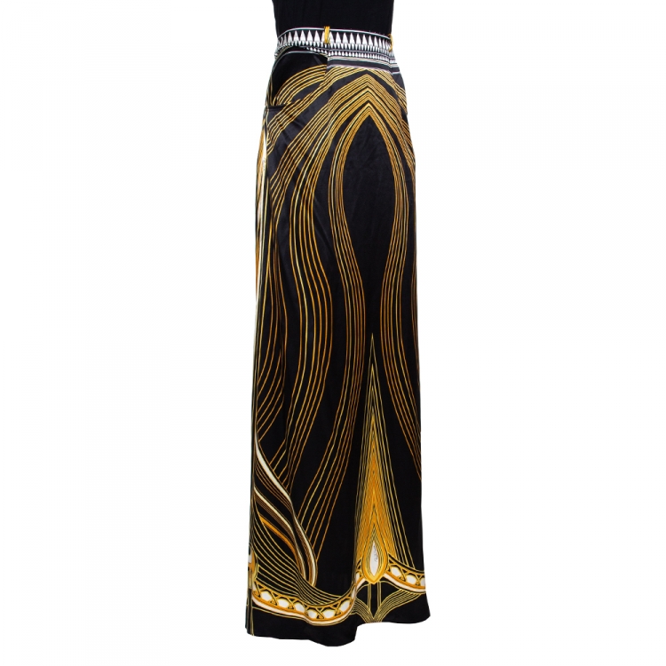 Pre Owned Roberto Cavalli Black & Yellow Printed Silk Satin Maxi Skirt L