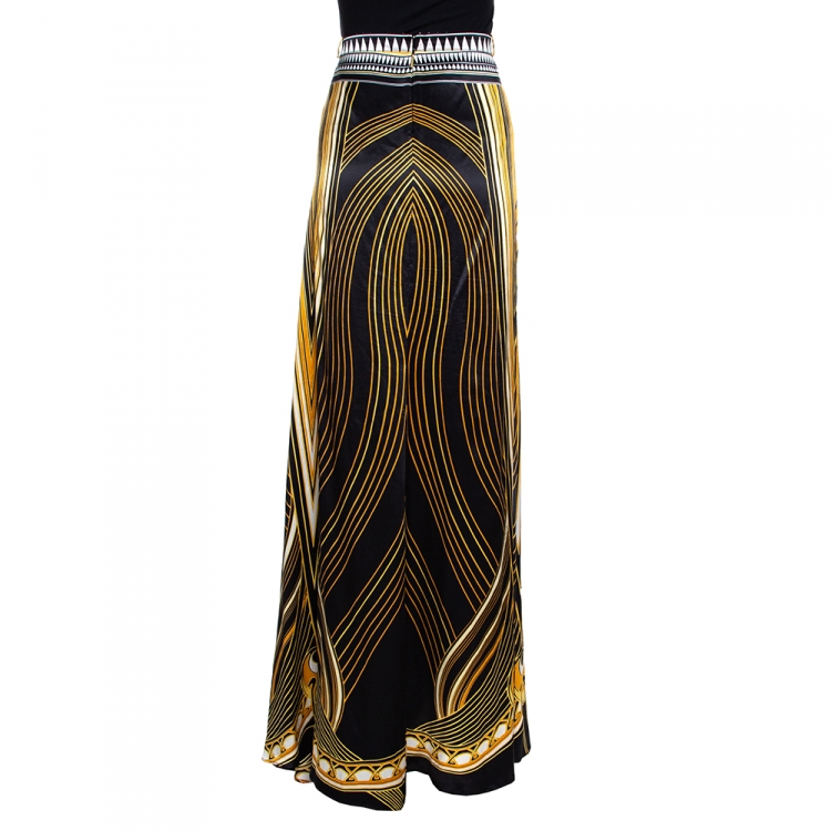 Pre Owned Roberto Cavalli Black & Yellow Printed Silk Satin Maxi Skirt L