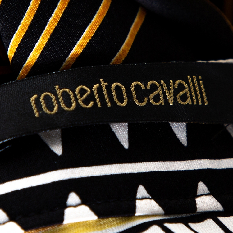 Pre Owned Roberto Cavalli Black & Yellow Printed Silk Satin Maxi Skirt L