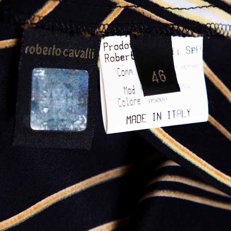 Pre Owned Roberto Cavalli Black & Yellow Printed Silk Satin Maxi Skirt L