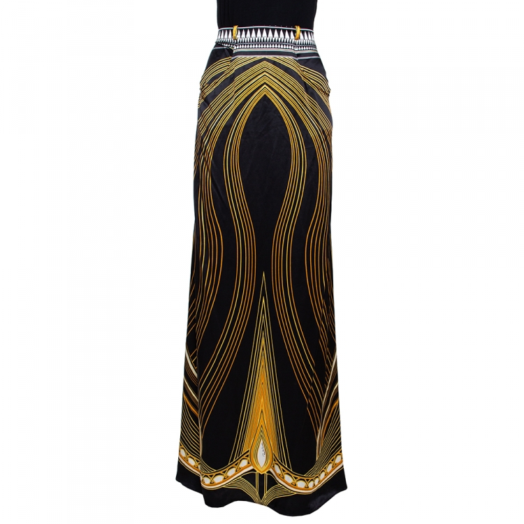 Pre Owned Roberto Cavalli Black & Yellow Printed Silk Satin Maxi Skirt L