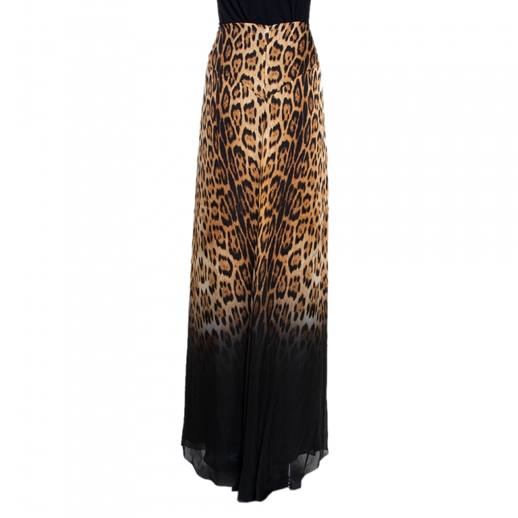 مملوكة مسبقًا Roberto Cavalli Brown Animal Print Silk Flared Maxi Skirt L