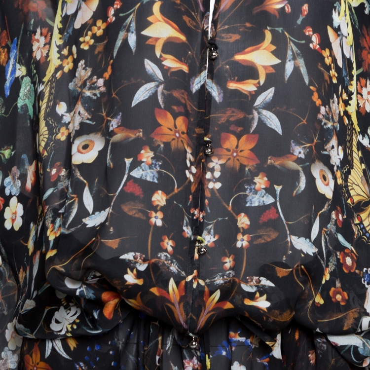 Pre Owned Roberto Cavalli Black Floral & Butterfly Print Silk Sheer Maxi Kaftan L