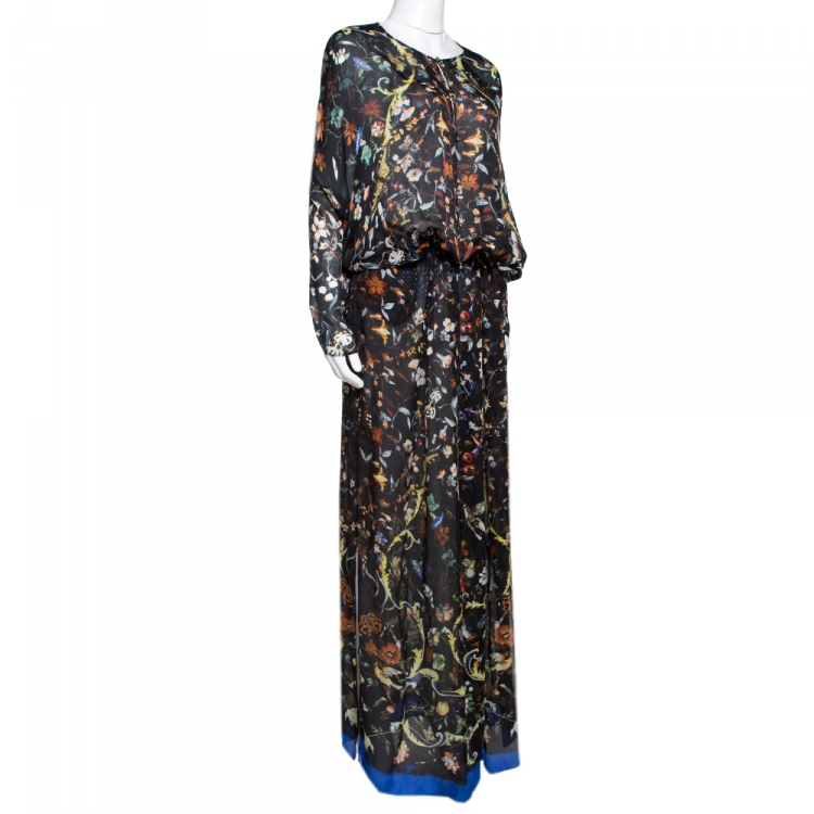 Pre Owned Roberto Cavalli Black Floral & Butterfly Print Silk Sheer Maxi Kaftan L