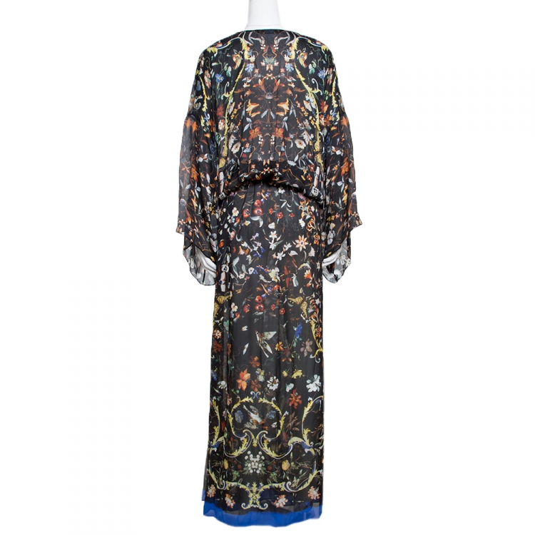Pre Owned Roberto Cavalli Black Floral & Butterfly Print Silk Sheer Maxi Kaftan L
