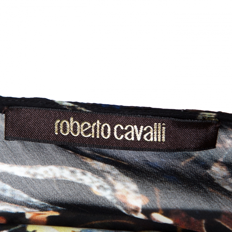 Pre Owned Roberto Cavalli Black Floral & Butterfly Print Silk Sheer Maxi Kaftan L