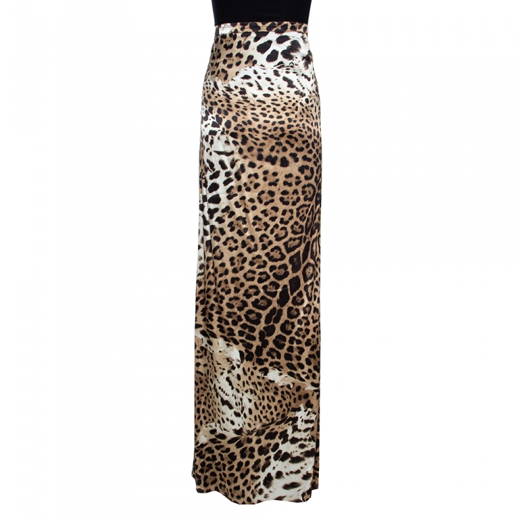 Pre Owned Roberto Cavalli Beige Leopard Print Silk Satin Maxi Skirt L