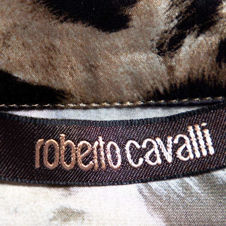 Pre Owned Roberto Cavalli Beige Leopard Print Silk Satin Maxi Skirt L