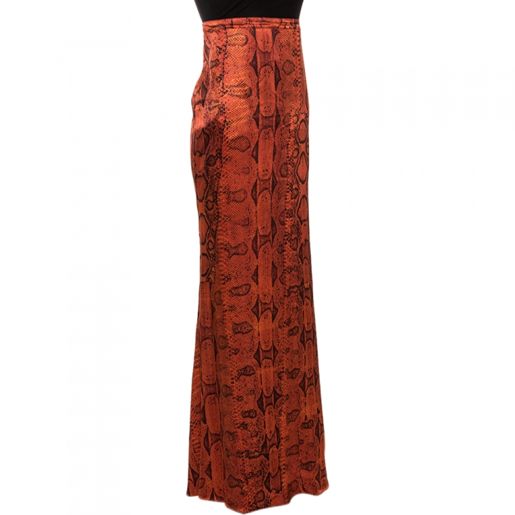 مملوكة مسبقًا Roberto Cavalli Red Snakeskin Printed Silk Flared Skirt L