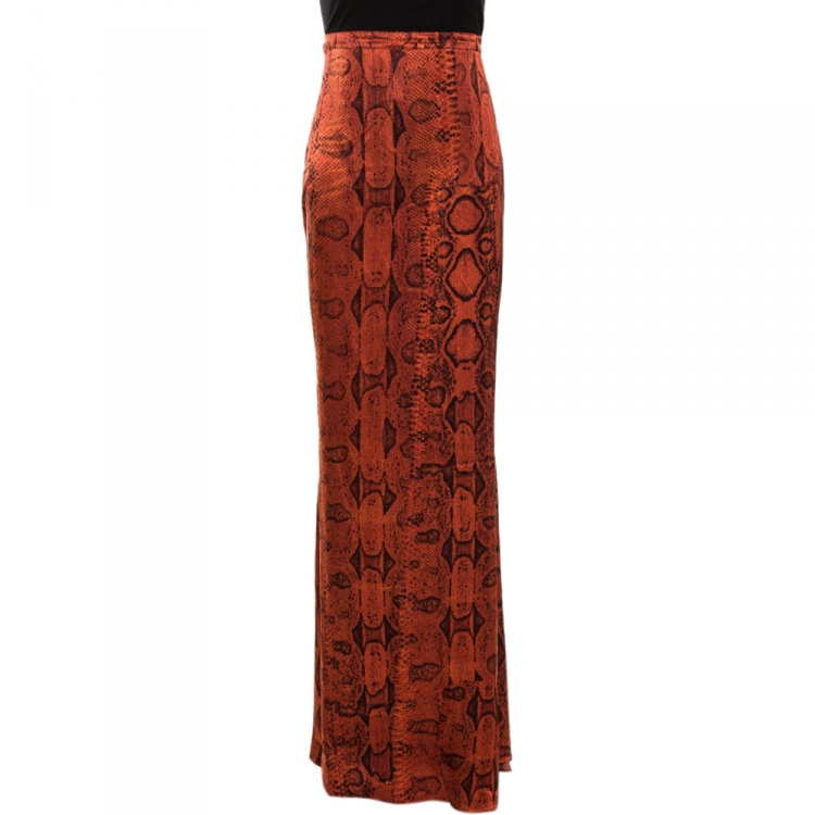 مملوكة مسبقًا Roberto Cavalli Red Snakeskin Printed Silk Flared Skirt L