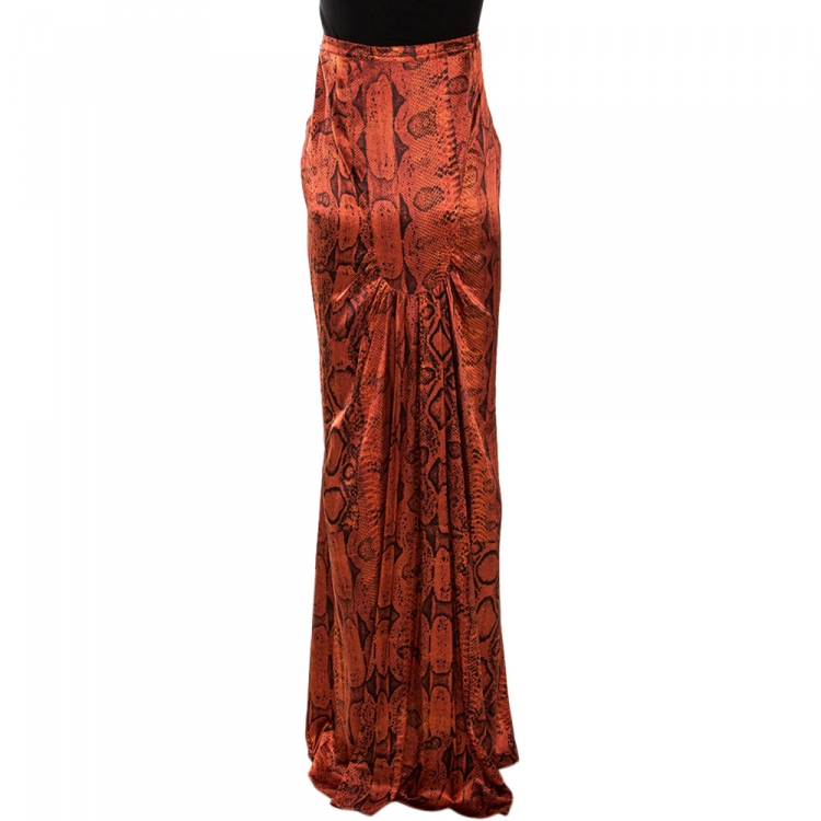 مملوكة مسبقًا Roberto Cavalli Red Snakeskin Printed Silk Flared Skirt L