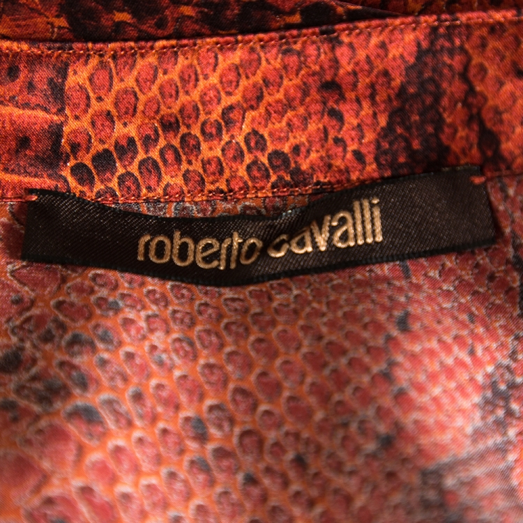 مملوكة مسبقًا Roberto Cavalli Red Snakeskin Printed Silk Flared Skirt L