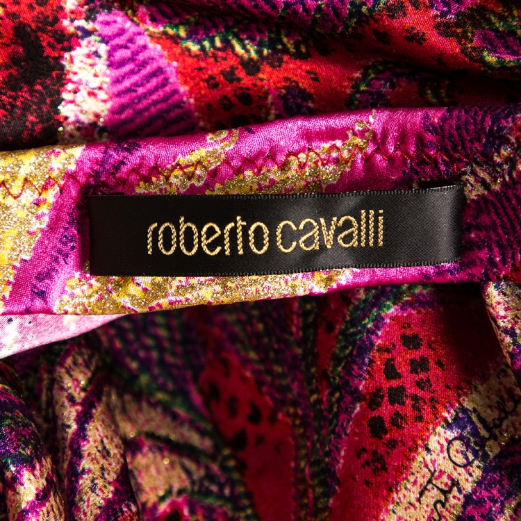 Pre Owned Roberto Cavalli Pink Abstract Printed Silk Mermaid Maxi Skirt L 