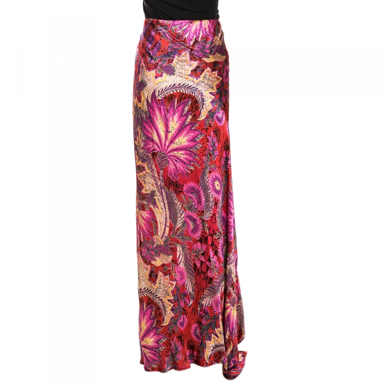 Pre Owned Roberto Cavalli Pink Abstract Printed Silk Mermaid Maxi Skirt L 
