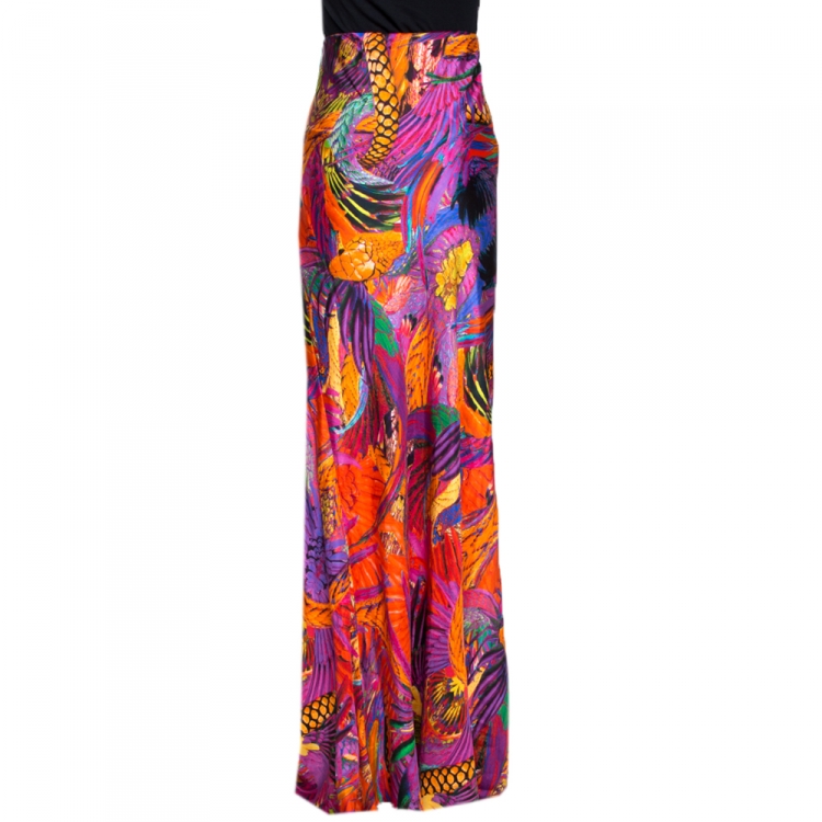 Pre Owned Roberto Cavalli Multicolor Abstract Feather Printed Silk Maxi Skirt L 