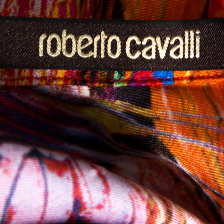 Pre Owned Roberto Cavalli Multicolor Abstract Feather Printed Silk Maxi Skirt L 