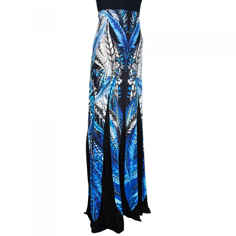 Pre Owned Roberto Cavalli Multicolor Printed Jersey and Mesh Panelled Maxi Skirt L
