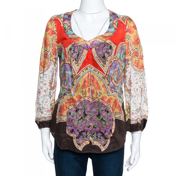 Pre Owned Roberto Cavalli Multicolor Printed Cotton Long Sleeve Blouse L