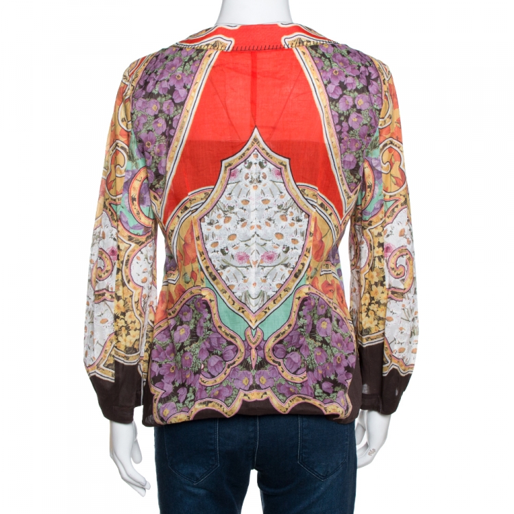 Pre Owned Roberto Cavalli Multicolor Printed Cotton Long Sleeve Blouse L