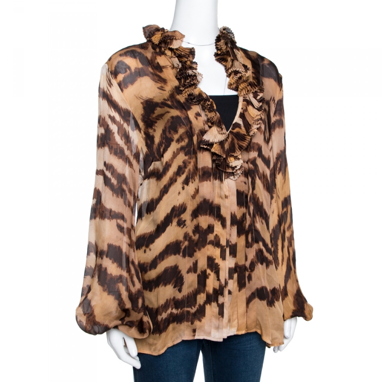 Pre Owned Roberto Cavalli Beige Animal Printed Silk Ruffled Neck Detail Top L