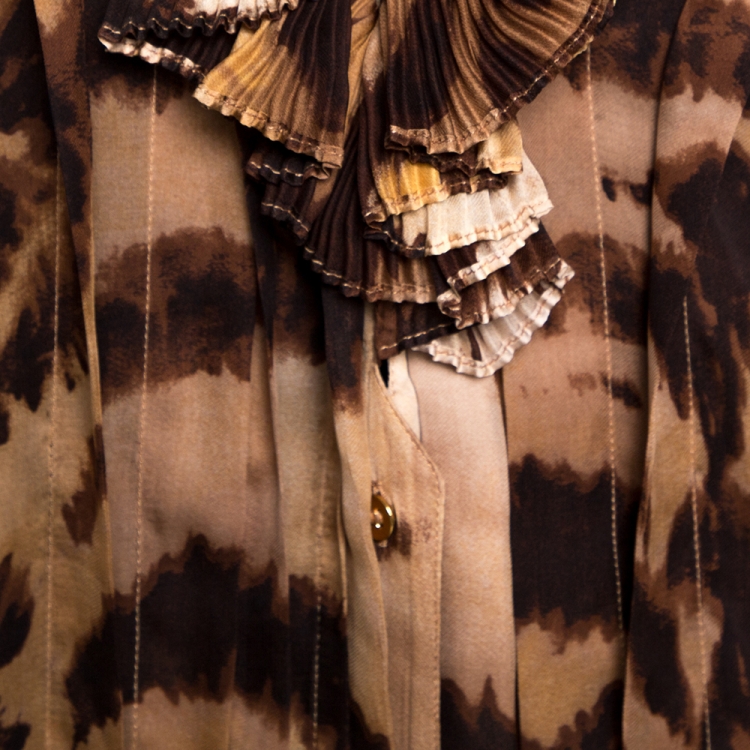 Pre Owned Roberto Cavalli Beige Animal Printed Silk Ruffled Neck Detail Top L