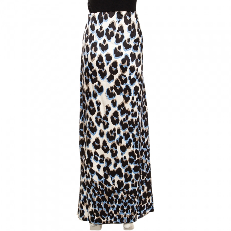Pre Owned Roberto Cavalli Blue Leopard Printed Silk Maxi Skirt L