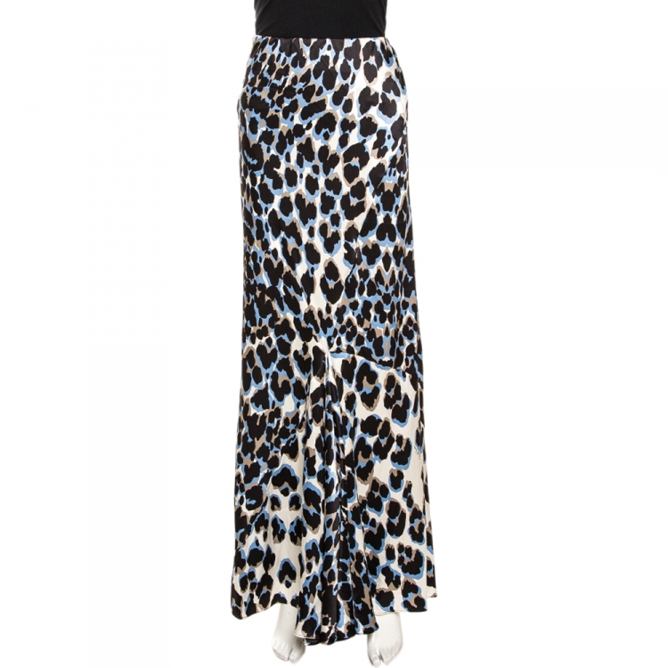 Pre Owned Roberto Cavalli Blue Leopard Printed Silk Maxi Skirt L