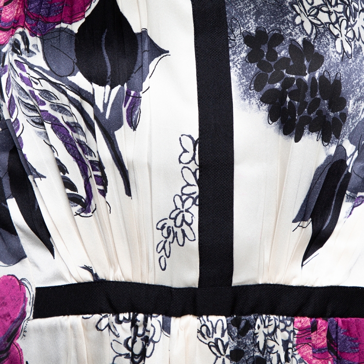 Pre Owned Roberto Cavalli Cream Floral Print Silk Satin Pleated Top L