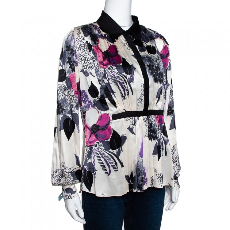 Pre Owned Roberto Cavalli Cream Floral Print Silk Satin Pleated Top L